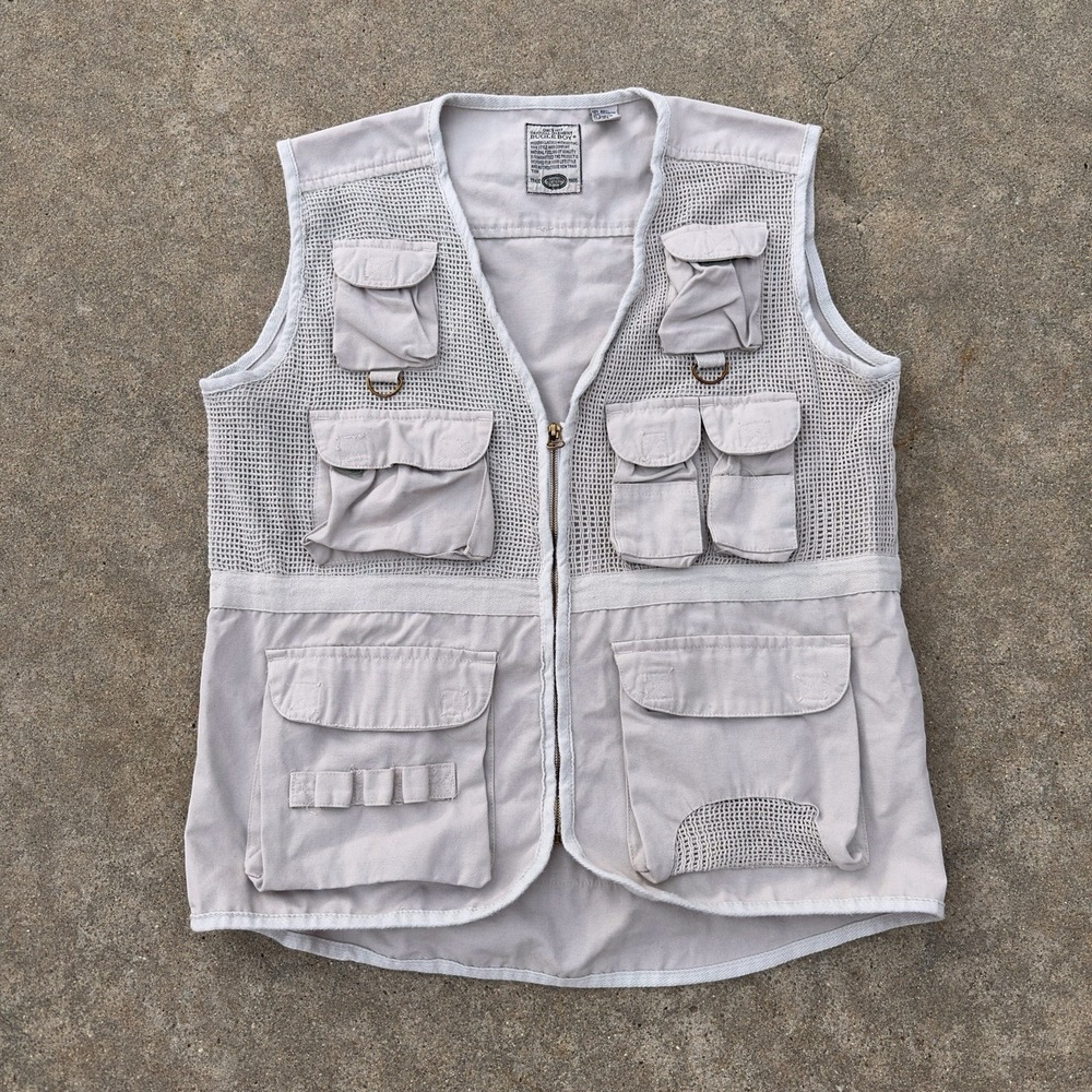 VTG Bugle Boy Tactical Military Hunting Full Zip Vest Beige Mesh Men's Med Y2K